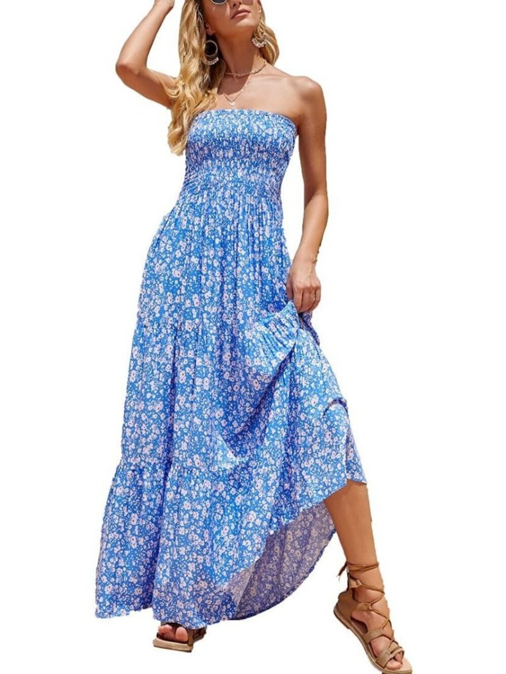 Women's Blue Floral Strapless Tube Top Off Shoulder Boho Beach Long Maxi Dress - Picture 2 of 6